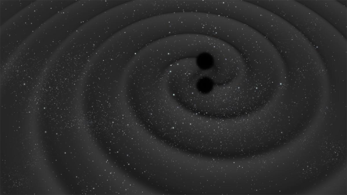 Vizualizace dvojice obíhajících černých děr a vyzařovaných gravitačních vln.