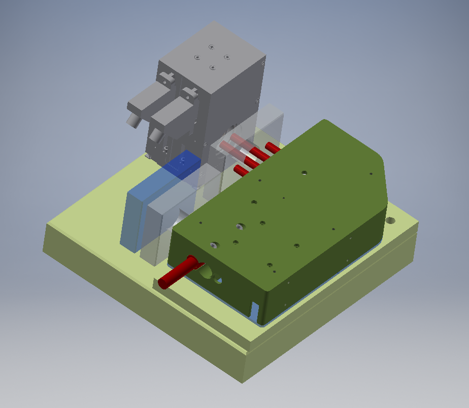 Obr. 2: Měřící aparatura diferenčního laserového interferometru pro zkoušky mechanismu FSUA.