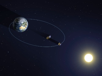 Sestava dvou satelitů ve formaci při pozorování sluneční koróny s vysokým rozlišením<br>Credit: ESA - P. Carril, 2013 