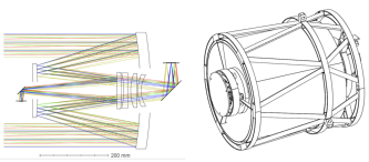 Optický design dalekohledu QUVIK<br>(zdroj: Werner et al. 2024, Science with a Small Two-Band UV-Photometry Mission I: Mission Description and Follow-up Observations of Stellar Transients, Space Science Reviews, Volume 220, Issue 1)